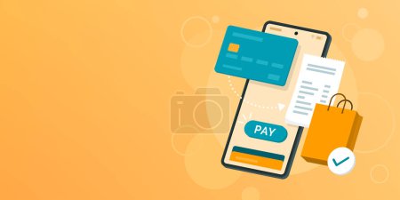 Illustration for Online shopping and digital payments on smartphone, banner with copy space - Royalty Free Image