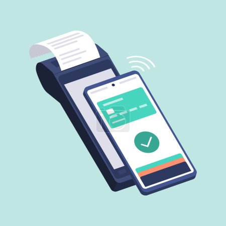Téléchargez les illustrations : Terminal POS acceptant un paiement par portefeuille numérique sur smartphone - en licence libre de droit