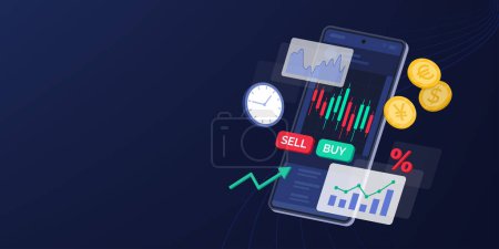 Illustration for Trading and investment app on smartphone with charts, finance and technology concept, banner with copy space - Royalty Free Image
