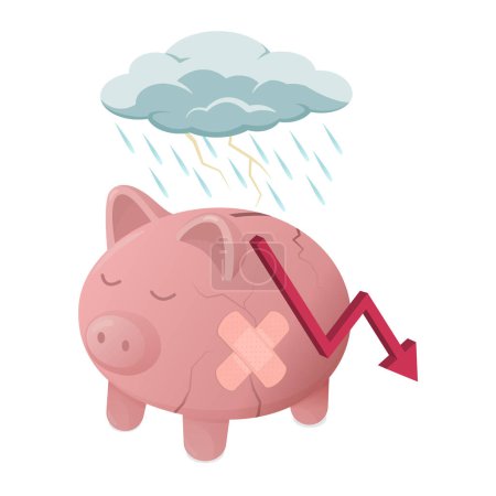 Téléchargez les illustrations : Banc de cochon triste brisé sous la pluie : échec financier et concept de perte - en licence libre de droit