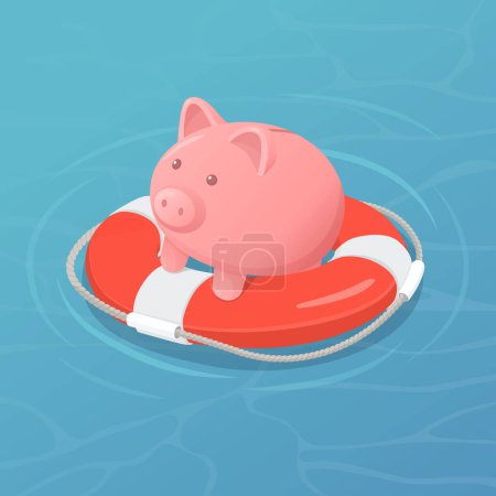 Illustration for Rescued piggy bank on a lifebuoy: financial assistance and insurance - Royalty Free Image