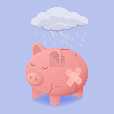 Illustration for Broken sad piggy bank under the rain: financial failure and loss concept - Royalty Free Image