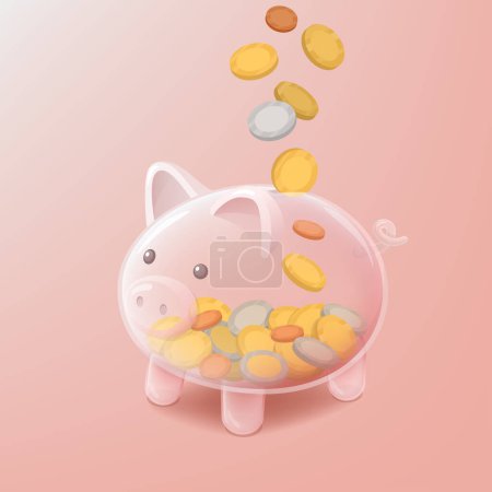 Ilustración de Monedas que caen dentro de una alcancía de vidrio transparente, concepto de ahorros e inversiones - Imagen libre de derechos