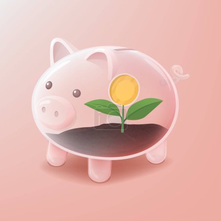 Illustration for Sprout with coin inside a glass piggy bank: savings and return on investement concept - Royalty Free Image