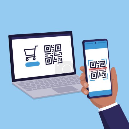 Téléchargez les illustrations : Utilisateur tenant un smartphone et numérisant un code : achats en ligne et paiements par code QR - en licence libre de droit