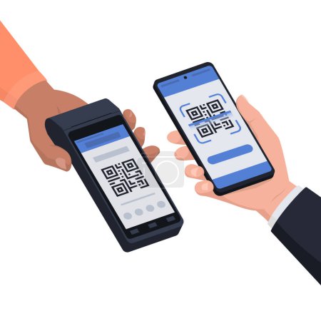 Illustration for QR code payment: retailer holding a POS machine and customer scanning the QR code - Royalty Free Image
