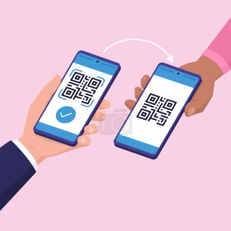 Téléchargez les illustrations : Le client numérise un code QR à l'aide de son smartphone, concept de paiement par code QR - en licence libre de droit