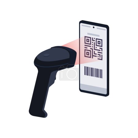 Illustration for Scanner recognizing and reading a QR code on smartphone screen, QR code payments concept - Royalty Free Image