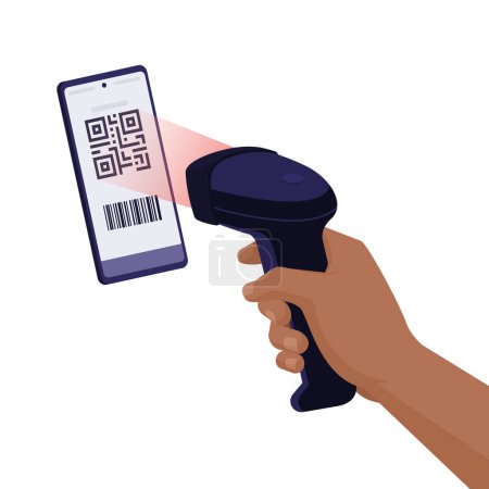 Téléchargez les illustrations : Scanner reconnaissant et lisant un code QR sur l'écran du smartphone, concept de paiement par code QR - en licence libre de droit