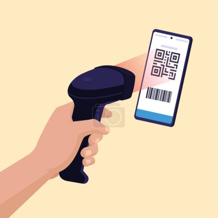Ilustración de Escáner que reconoce y lee un código QR en la pantalla del teléfono inteligente, concepto de pagos de código QR - Imagen libre de derechos
