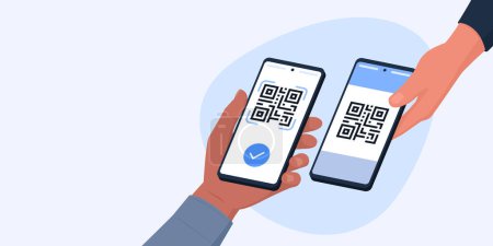 Illustration for QR code payment on smartphone: customer scanning a QR code on retailer's smartphone screen, banner with copy space - Royalty Free Image