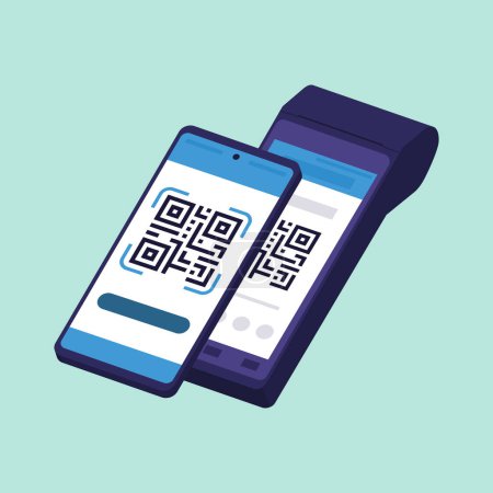 Téléchargez les illustrations : Smartphone numérisant un code QR affiché sur la machine POS : paiement par code QR - en licence libre de droit