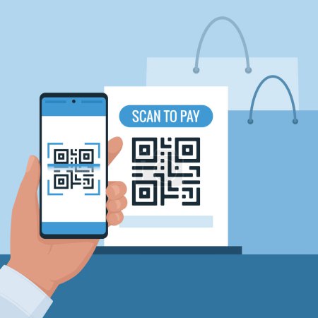 Ilustración de Cliente escaneando un código QR con su smartphone y haciendo un pago en una tienda - Imagen libre de derechos