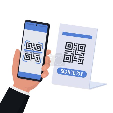 Téléchargez les illustrations : Client numérisant un code QR avec son smartphone et effectuant un paiement dans une boutique - en licence libre de droit