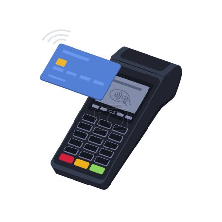 Ilustración de POS terminal de pago sin contacto con tarjeta de crédito, transacciones y concepto de pagos - Imagen libre de derechos