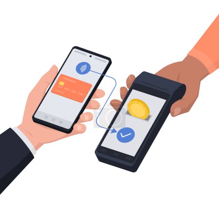 Téléchargez les illustrations : Client payant avec son portefeuille numérique sur smartphone, le détaillant reçoit le paiement sur le terminal POS - en licence libre de droit