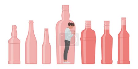Desperate depressed woman trapped in a bottle: alcohol addiction concept