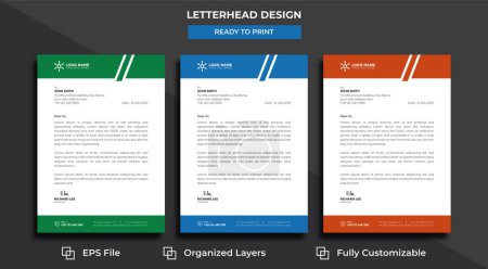 Illustration for Corporate modern abstract creative professional editable business letterhead template with orange, blue and green colors, office letterhead set in flat style with 3 colors. - Royalty Free Image