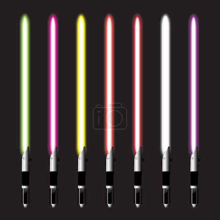 Illustration for Light sabers. Realistic bright colorful science fiction laser beam, light sword dark background. Fantasy energy sword weapon. Vector illustration, design elements for your projects. - Royalty Free Image