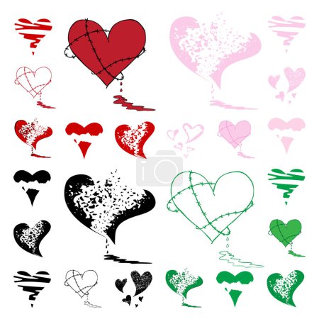 Illustration for Bleeding heart, broken heart Icon set. Collection of hand drawn ripped bleeding heart, barbed wire hearts. Design elements for valentine's day, wedding celebration events. Anti Valentine isolated Illustrations. vector - Royalty Free Image