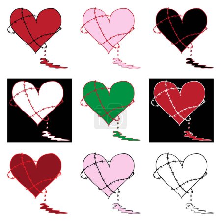 Illustration for Bleeding heart Icon set. Collection of hand drawn bleeding barbed wire hearts. Design elements for valentine's day, wedding celebration events. Isolated Illustration vector. - Royalty Free Image
