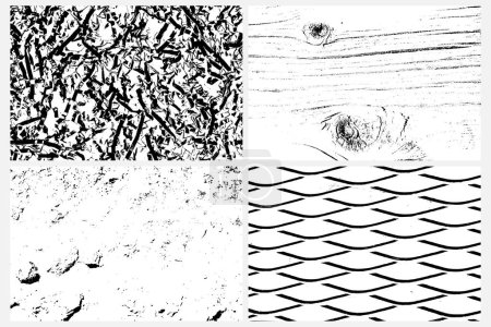 Conjunto de varios grunge negro texturas blancas fondos vectoriales. Superposición abstracta de superficies granuladas de socorro. Árbol de madera de árbol. Valla rombo triturado regalo papel relleno caja relleno embalaje.