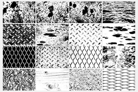 Illustration for Set of various grunge black white textures vector backgrounds. Abstract overlay distress grainy surfaces. Metal floor rhombus shapes surface, wire diamond fence, Marine waves, Shredded paper, Cow fur. - Royalty Free Image