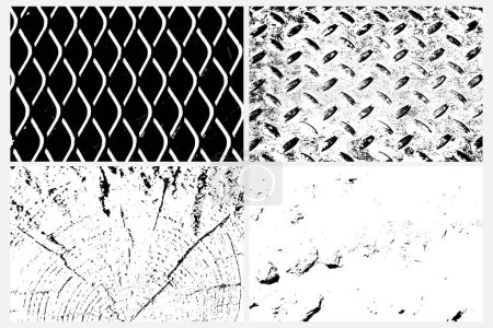 Illustration for Set of various grunge black white textures vector backgrounds. Tree rings, saw cut tree trunk, messy dust,  dirty scratched, Metal floor, dirty diamond shapes, Rhombus fence, Rabitz, metal steel grid. - Royalty Free Image