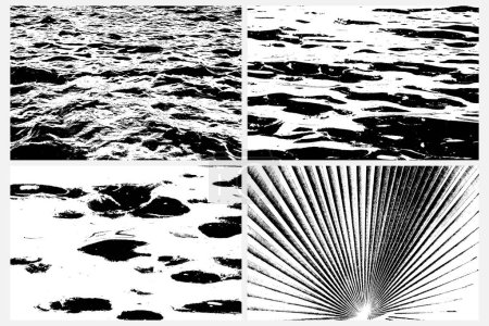 Set aus verschiedenen Grunge-Schwarz-Weiß-Texturen Vektorhintergründe. Abstrakte Überlagerungen belasten körnige Oberflächen. Tintenfleck, Chaotischer Staub, Meereswellen, Meer Meer welliges Wasser, Tropische Biophilie, Fächerpalmenfarn.