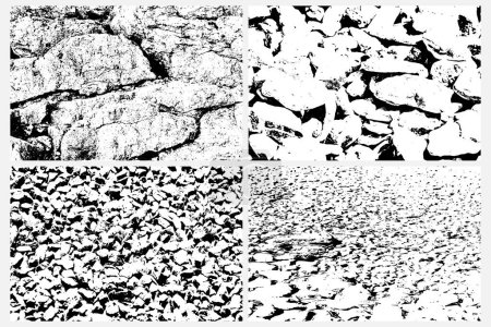 Illustration for Set of vector overlay texture of stones and rocks. Grunge texture of different boulders collection. Cracked and damaged stones rubble. - Royalty Free Image