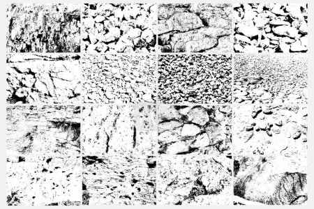 Illustration for Set of vector overlay texture of stones and rocks. Grunge texture of different boulders collection. Cracked and damaged stones rubble. - Royalty Free Image