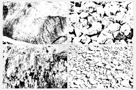 Illustration for Rock or stones vector overlay texture background set. Black and white stone and rocks wall texture. Grunge trace of solid marble or mineral wall collection. - Royalty Free Image