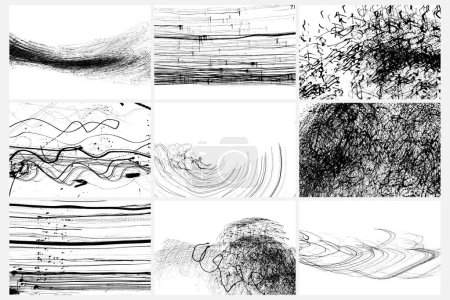Illustration for Abstract drawing pattern set. Scribbled hand drawn backgrounds. Organic grunge textured overlapping wavy shapes and lines. Striped flat swatch. Speeding drunk party vision. Vector. - Royalty Free Image