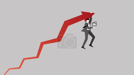 Illustration for A businessman hangs a rise red arrow with a CO2e gas. Concept of business taking profit from carbon dioxide net zero emission, carbon footprint, greenhouse gas, global warming, and saving the world. - Royalty Free Image