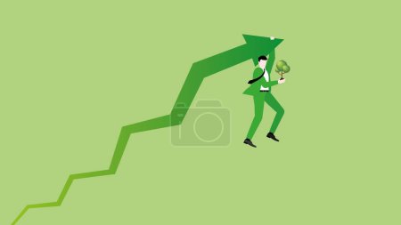 Illustration for A businessman hangs a rise green arrow with a tree. Concept of ESG and green business policy, growth, Carbon dioxide net zero emission, carbon footprint, planting a forest, and global warming reduce. - Royalty Free Image
