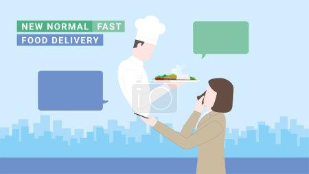 Business woman lifestyle after pandemic covid-19 corona virus. New normal is food delivery with fastest speed by online ordering. Flat design style vector concept