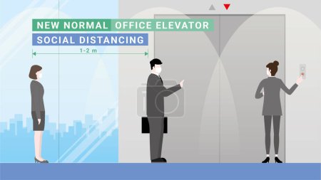 Illustration for Business people waiting for elevator down in office building. Lifestyle after pandemic covid-19 corona virus. New normal is social distancing queue and wearing mask. Flat design style vector concept - Royalty Free Image