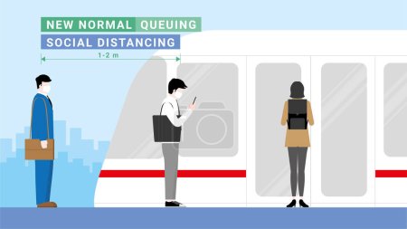 Illustration for Business people waiting queue for sky train public transportation. Lifestyle after pandemic covid-19 corona virus. New normal is social distancing and wearing mask. Flat design style vector concept - Royalty Free Image