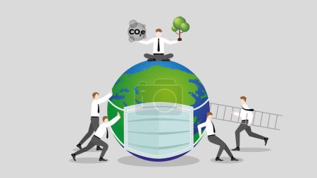 Illustration for ESG and green policy concept of net zero emission, carbon footprint, carbon dioxide equivalent, global greenhouse gas, save the earth. Business teamwork helps the world by planting a tree. - Royalty Free Image