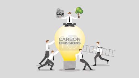 Illustration for ESG and green business policy concept of net zero emission, carbon footprint, carbon dioxide equivalent, global greenhouse gas, save the world. Business idea teamwork plant a tree to help the world. - Royalty Free Image