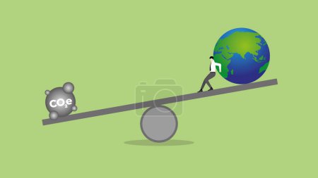 Illustration for ESG and green business policy concept of net zero emission, carbon footprint, carbon dioxide equivalent, global greenhouse gas, save the world. Balance of earth and pollution on seesaw beam. - Royalty Free Image