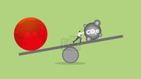 Illustration for ESG and green business policy concept of net zero emission, carbon footprint, carbon dioxide equivalent, global greenhouse gas, save the world. Balance of hot earth and pollution on seesaw beam. - Royalty Free Image