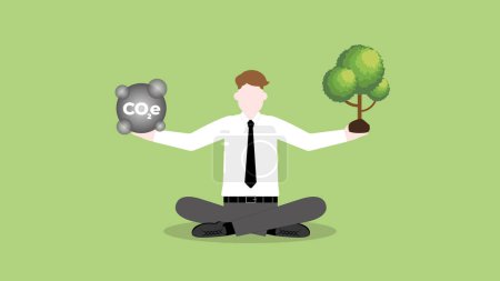 Illustration for ESG and green business policy concept of net zero emission, carbon footprint, carbon dioxide equivalent, global greenhouse gas, save the world. Businessman balance pollution and tree in hand. - Royalty Free Image