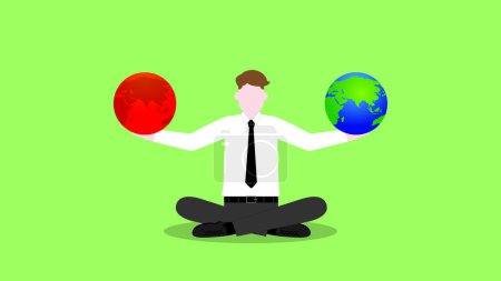 Illustration for ESG and green business policy concept of net zero emission, carbon footprint, carbon dioxide equivalent, global greenhouse gas, save the world. Businessman balance red pollution and the earth in hand. - Royalty Free Image