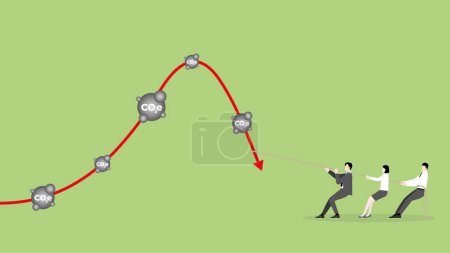 Illustration for ESG and green business policy concept of net zero emission, carbon footprint, carbon dioxide equivalent, global greenhouse gas, save the world. Business team pulls a rope to change a graph direction. - Royalty Free Image