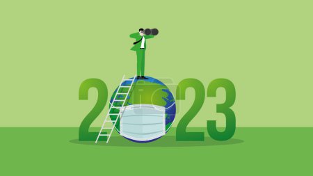 Illustration for ESG and green business policy concept in the year 2023. A vision businessman uses binoculars. Net zero emission, carbon footprint, carbon dioxide equivalent, global greenhouse gas, save the world. - Royalty Free Image