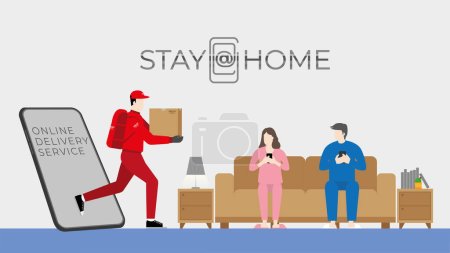 Stay at home lifestyle concept. Couple in sleepwear sitting on sofa while using online shopping application. Delivery man and parcel box get through mobile phone. Vector Illustration flat style.