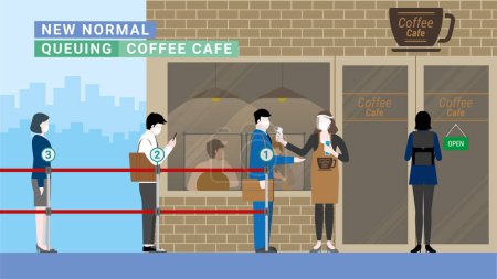 Illustration for Business people in queue number for screening test before enter coffee cafe. Temperature and hand sanitizer checkpoint. Protection after pandemic covid-19 corona virus. New normal is social distancing - Royalty Free Image