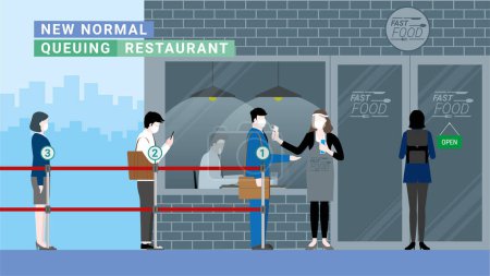 Illustration for Business people in queue number for screening test before enter restaurant. Temperature and hand sanitizer checkpoint. Protection after pandemic covid-19 corona virus. New normal is social distancing. - Royalty Free Image
