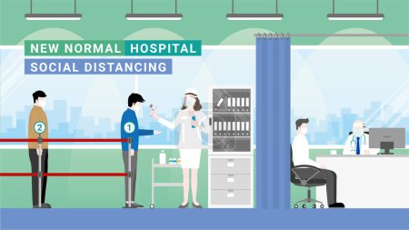 Illustration for Patient are waiting for doctor at doctor's office waiting room in hospital section. People stand apart at queue line for temperature and hand sanitizer checkpoint. Protection is social distancing. - Royalty Free Image